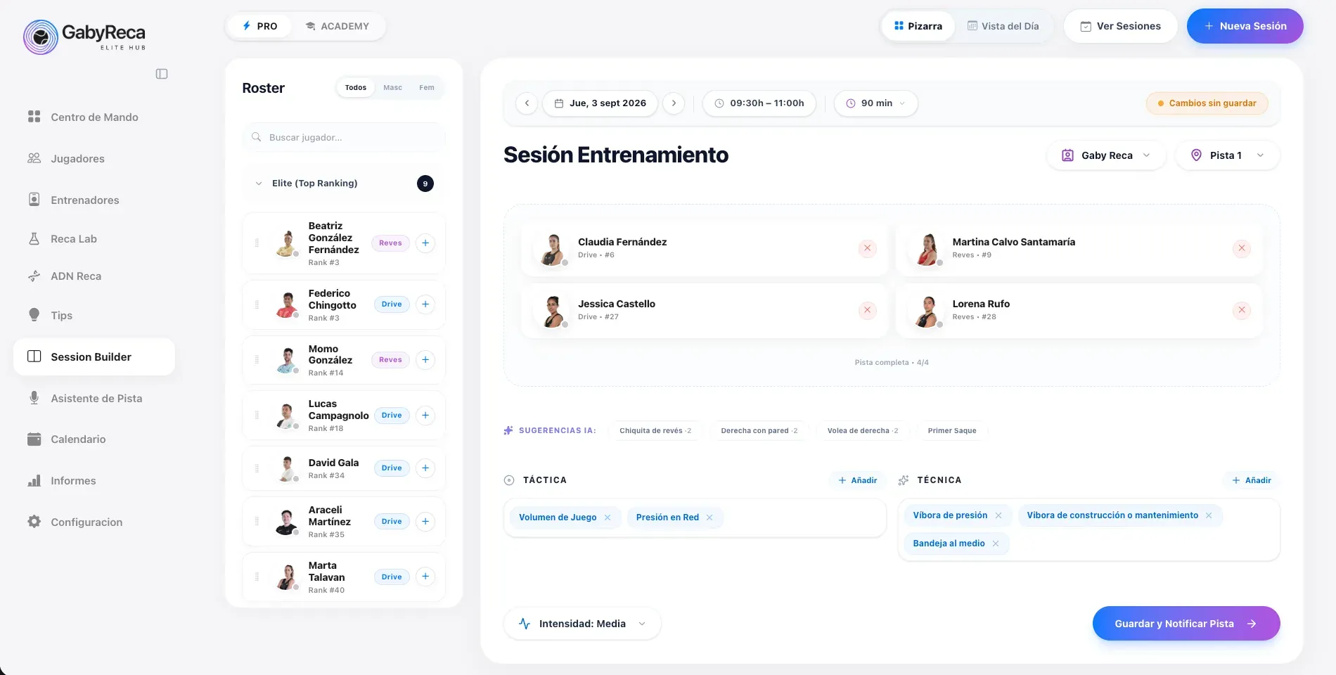 Session Builder, planificador visual de pistas