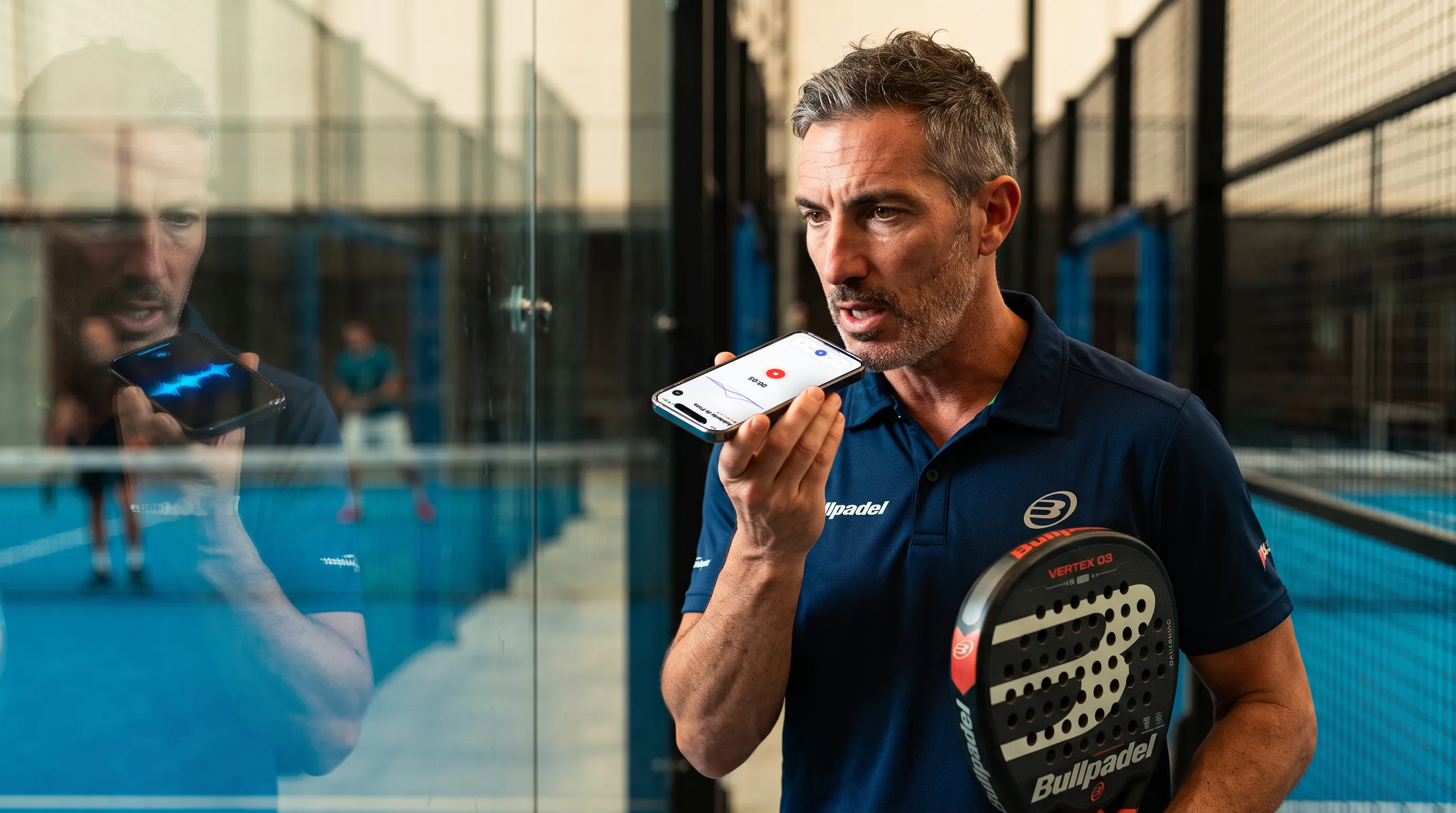 Coach dictando notas por voz a pie de pista